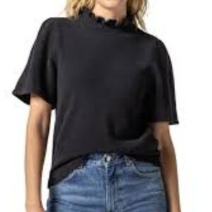 Lilla P Elbow Half Sleeve Ruffle Mock Neck Cashmere Blend Sweater, Black, Med